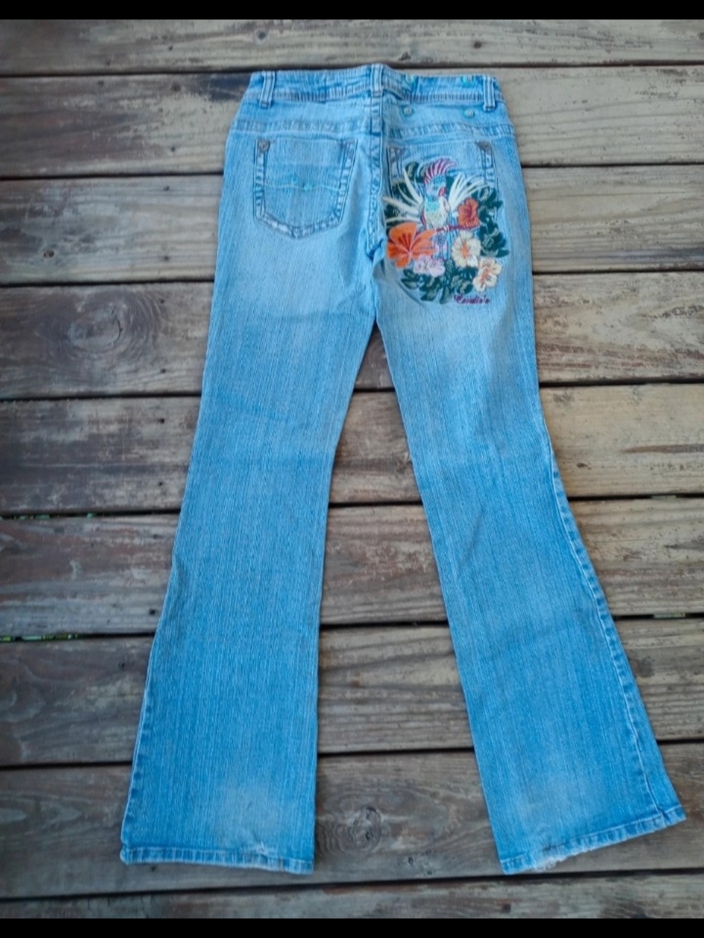 F) Candie's Light Blue Flare Jeans with Floral Embroidered Back Pocket
